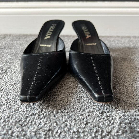 Prada Mules Black Leather Slip On Kitten Heels Slides Shoes Size 37 Made Italy - Picture 3 of 16